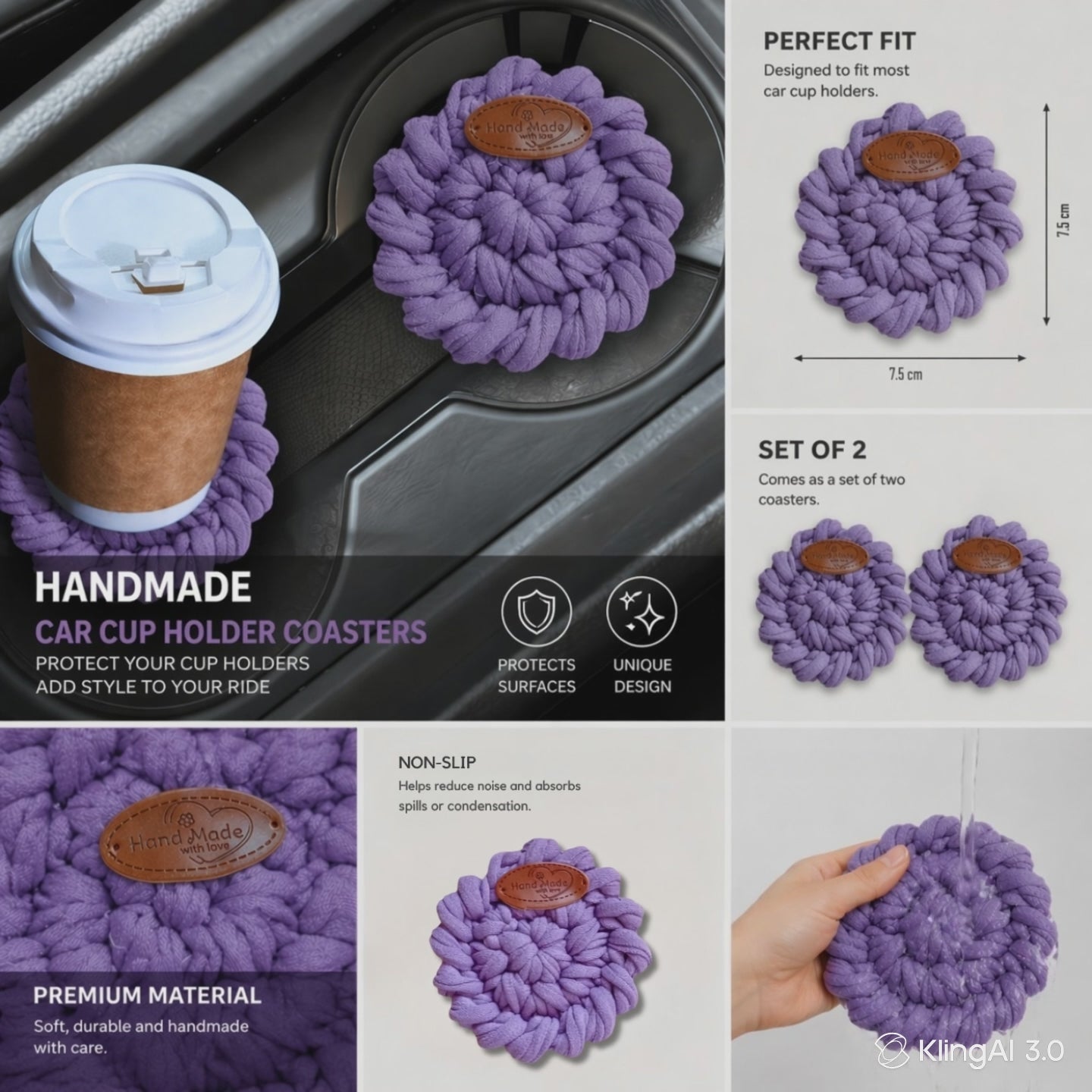 Handmade Crochet Car Coasters Set of 2 – Cotton Cup Holder Inserts 7.5cm, Absorbent Boho Car Accessories