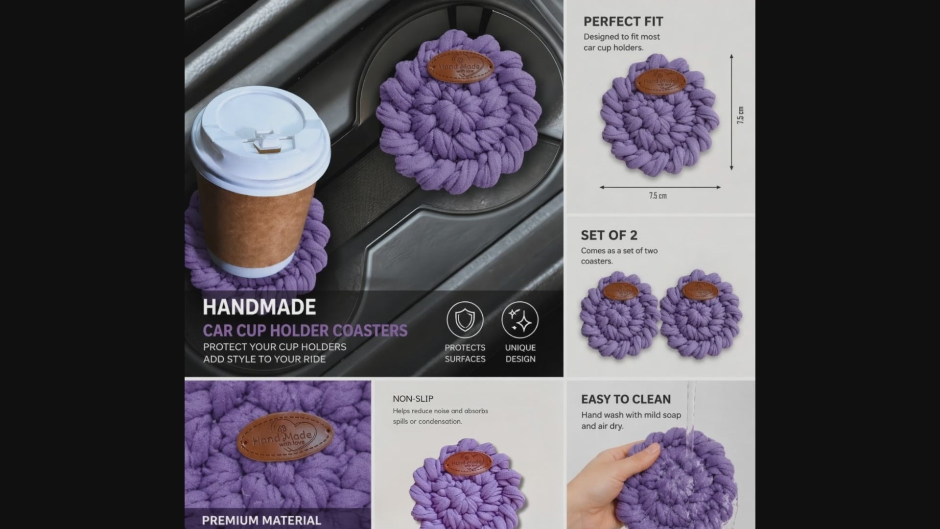 Handmade Crochet Car Coasters Set of 2 – Cotton Cup Holder Inserts 7.5cm, Absorbent Boho Car Accessories